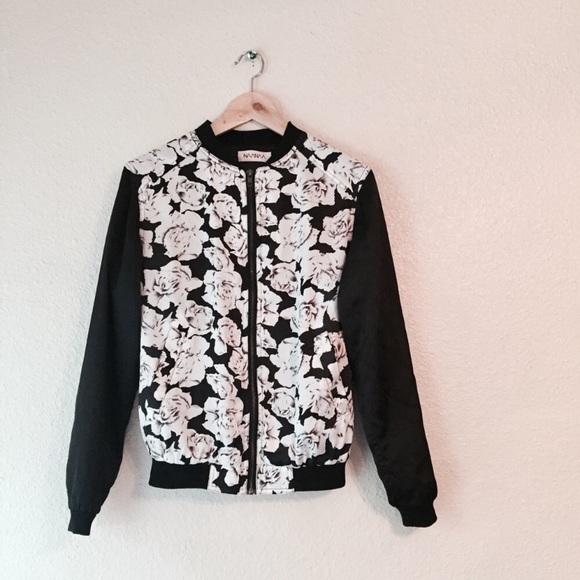 LF Naanaa bomber jacket black white rose satin extra small XS - Picture 1 of 5
